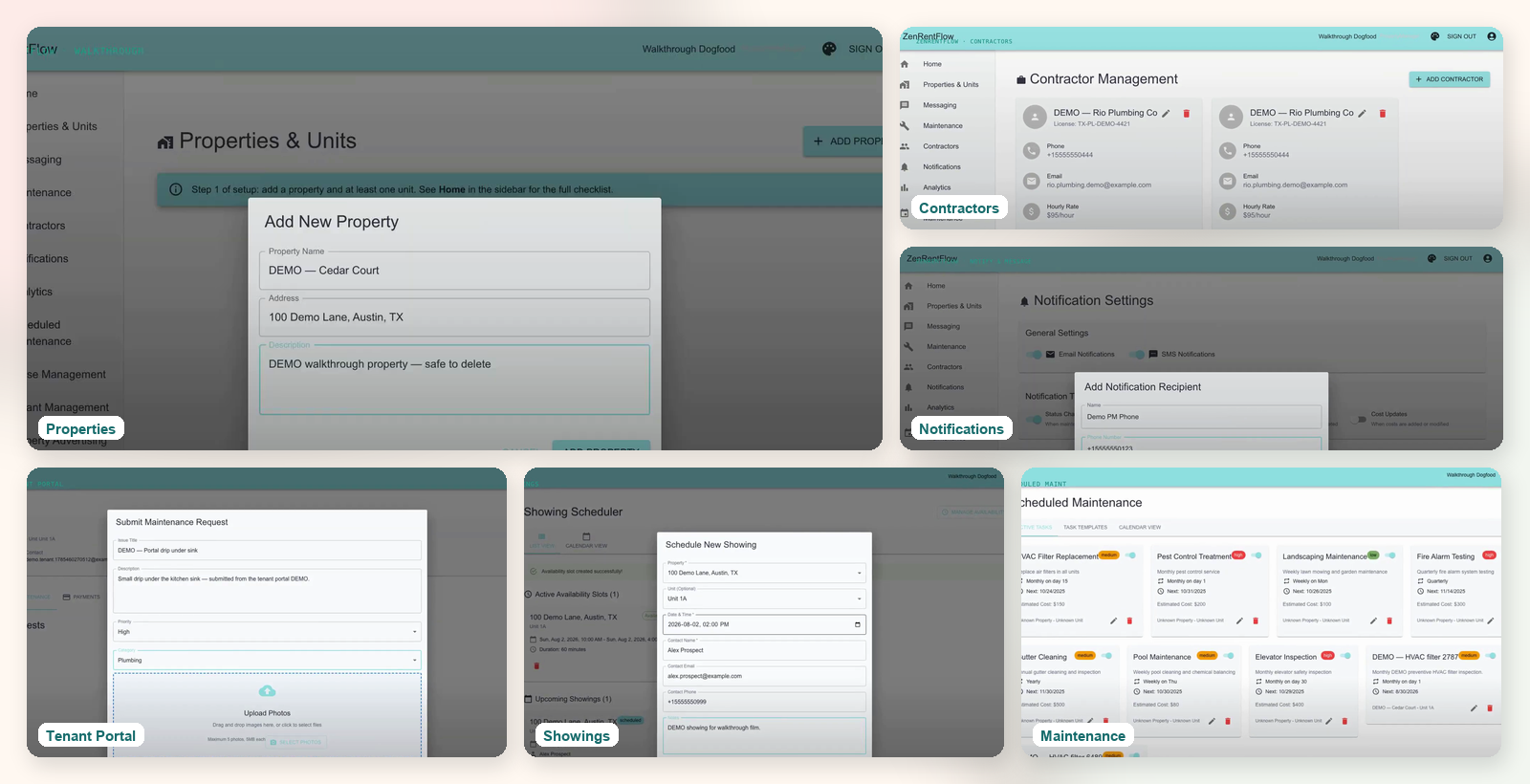 ZenRentFlow product screens — properties, contractors, notifications, tenant portal, showings, and maintenance